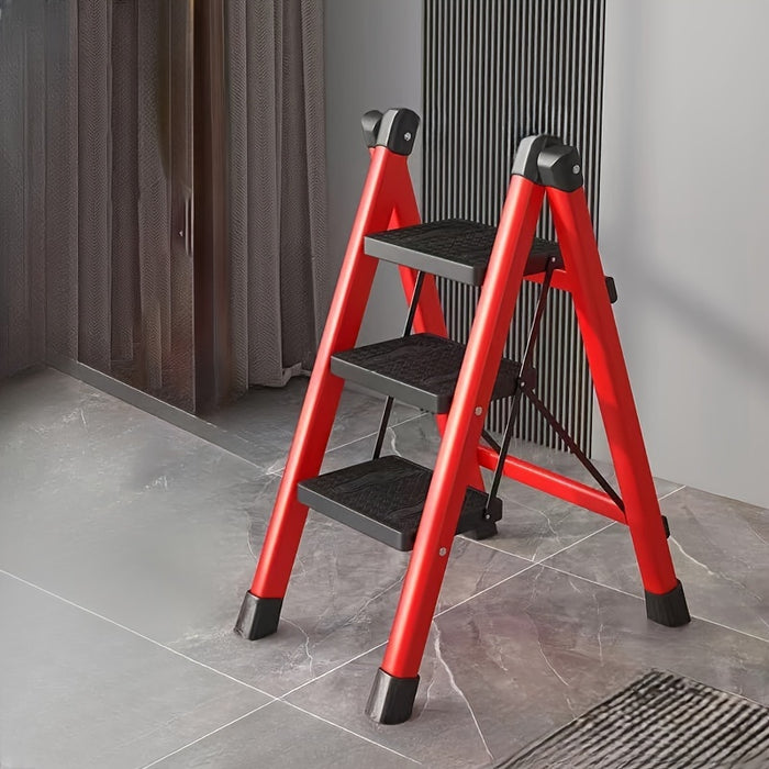 Premium 3-Step Folding Ladder, Heavy-Duty Carbon Steel Step Stool with Anti-Slip Rubber Feet and Handrails - 60cm Height, Space-Saving Home Storage,Red