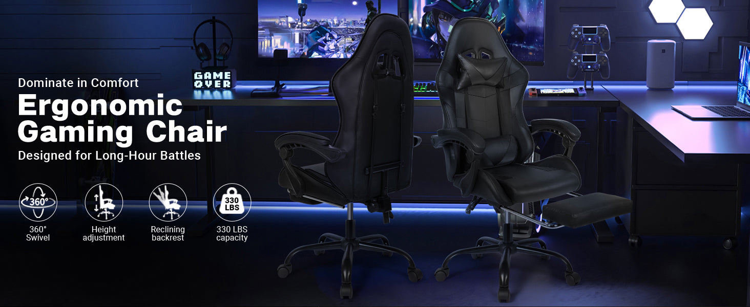 Ergonomic Gaming Chair with Footrest, Lumbar Support and Adjustable Headrest, High Back PU Leather Reclining Office Chair