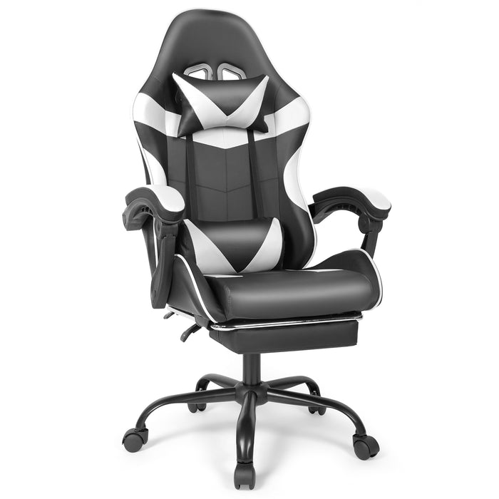Ergonomic Gaming Chair with Footrest, Lumbar Support and Adjustable Headrest, High Back PU Leather Reclining Office Chair