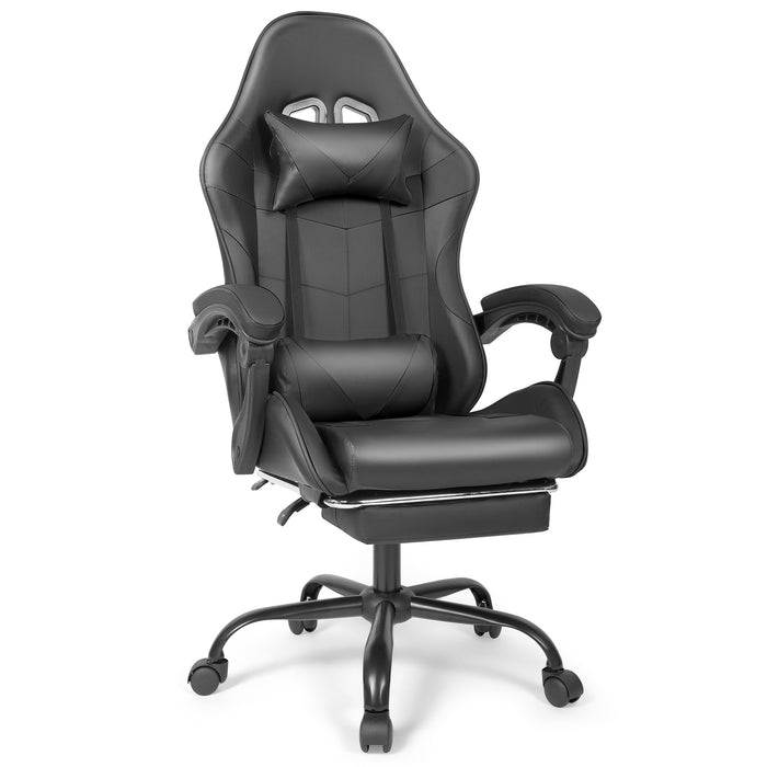 Ergonomic Gaming Chair with Footrest, Lumbar Support and Adjustable Headrest, High Back PU Leather Reclining Office Chair