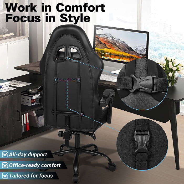 Ergonomic Gaming Chair with Footrest, Lumbar Support and Adjustable Headrest, High Back PU Leather Reclining Office Chair