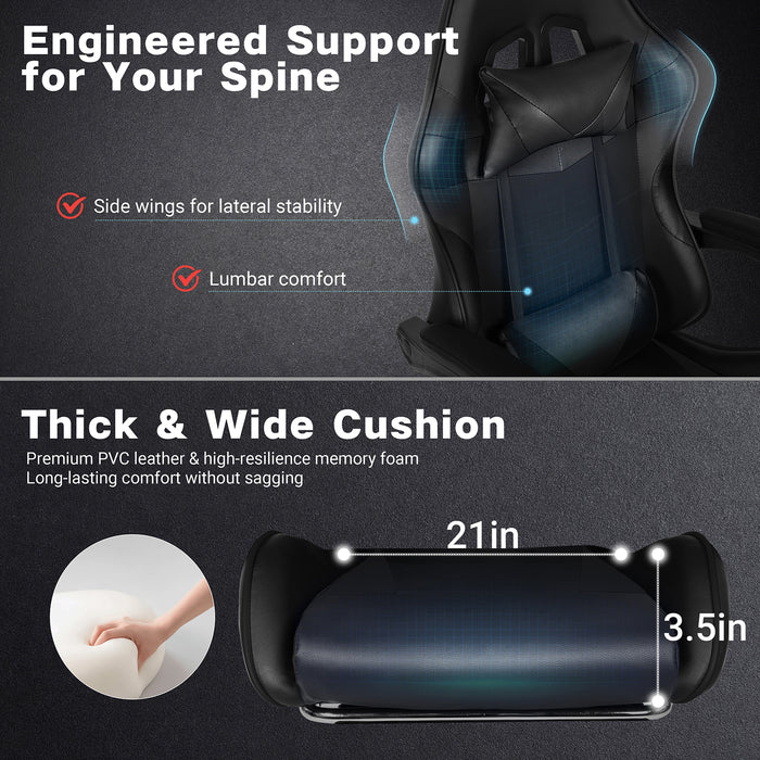 Ergonomic Gaming Chair with Footrest, Lumbar Support and Adjustable Headrest, High Back PU Leather Reclining Office Chair
