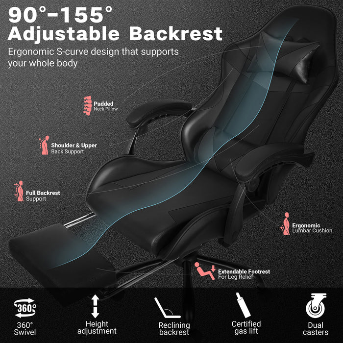 Ergonomic Gaming Chair with Footrest, Lumbar Support and Adjustable Headrest, High Back PU Leather Reclining Office Chair