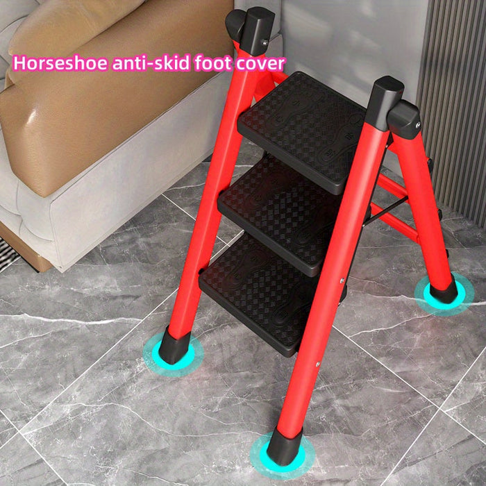 Premium 3-Step Folding Ladder, Heavy-Duty Carbon Steel Step Stool with Anti-Slip Rubber Feet and Handrails - 60cm Height, Space-Saving Home Storage,Red