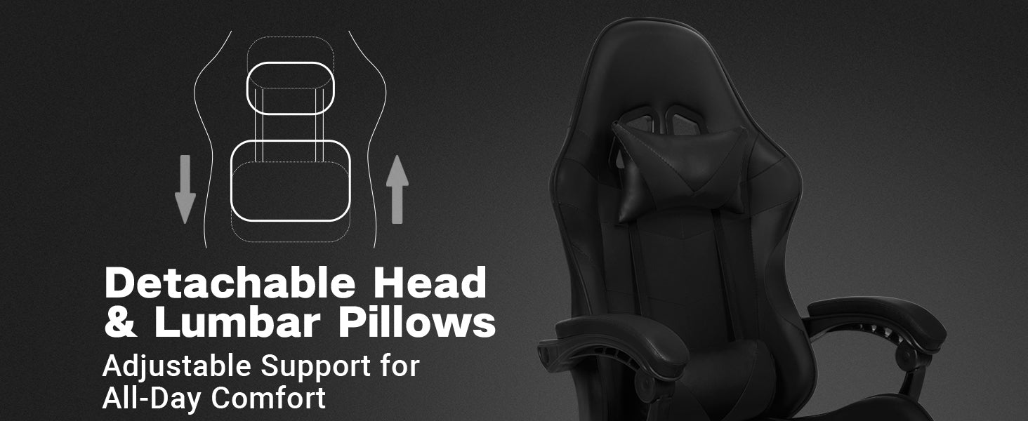 Ergonomic Gaming Chair with Footrest, Lumbar Support and Adjustable Headrest, High Back PU Leather Reclining Office Chair