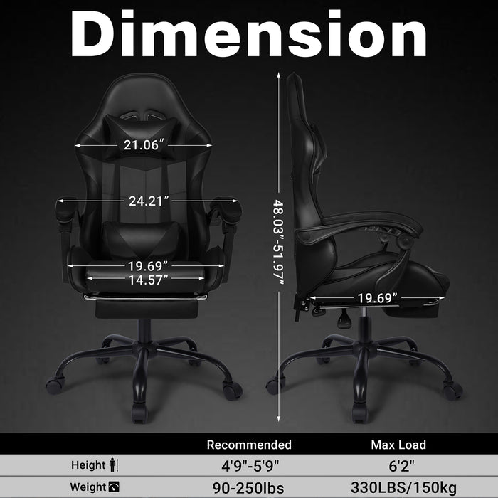 Ergonomic Gaming Chair with Footrest, Lumbar Support and Adjustable Headrest, High Back PU Leather Reclining Office Chair