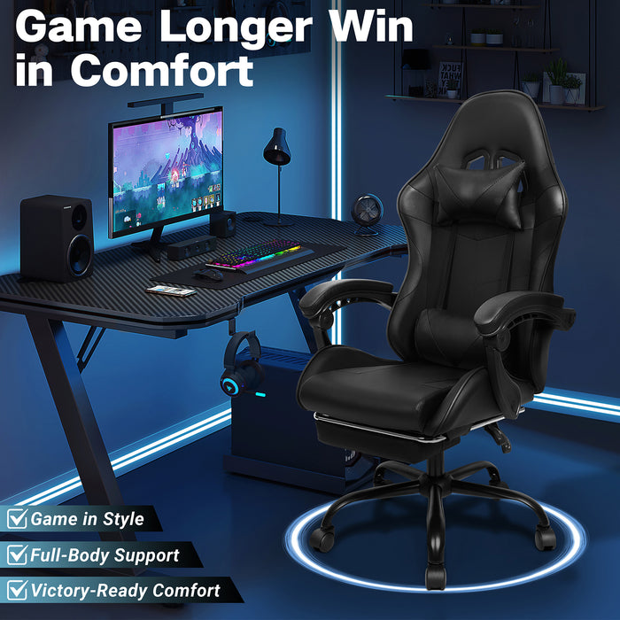 Ergonomic Gaming Chair with Footrest, Lumbar Support and Adjustable Headrest, High Back PU Leather Reclining Office Chair