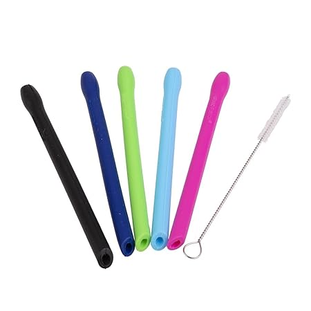 SILICONE COCKTAIL STRAWS SET 5 W/BRUSH ASST. COLOURS