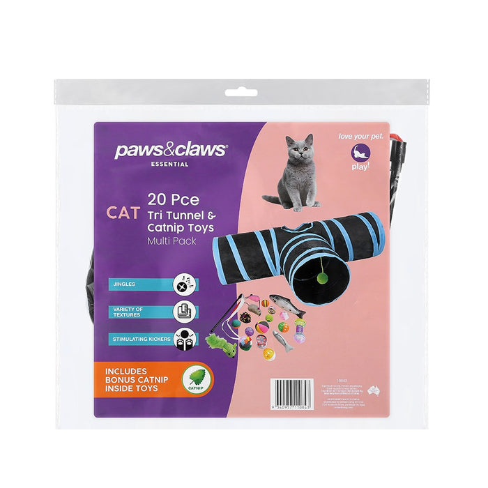 Paws & Claws CAT TRI-TUNNEL + TOYS 20PCS MULTI PACK