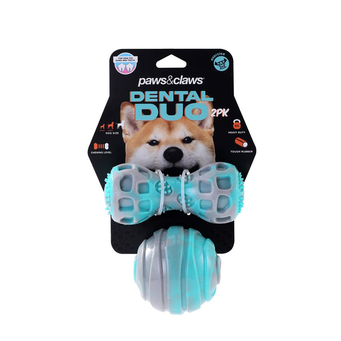 Paws & Claws DENTAL DUO TPR BALL + BATON 2PK AQUA/GREY 13X5X5CM / 8X8CM