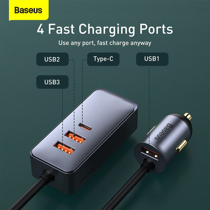 Baseus Share Together PPS Multi-port Fast Charging Car Charger with Extension Cord 120W 3U+1C-Gray