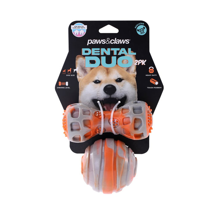Paws & Claws DENTAL DUO TPR BALL + BATON 2PK ORANGE/GREY 13X5X5CM / 8X8CM