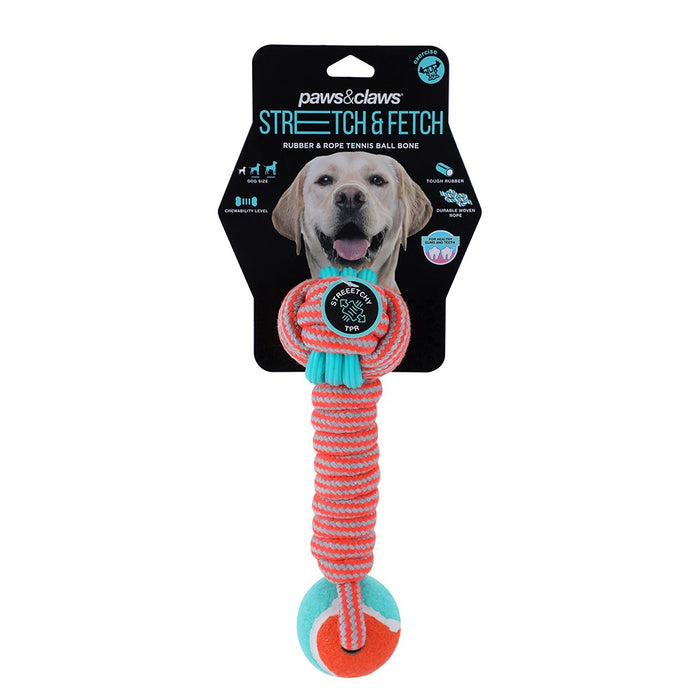 Paws & Claws STRETCH & FETCH TPR + BRAIDED ROPE BALL BONE W/ TENNIS BALL 25X7.5X7.5CM