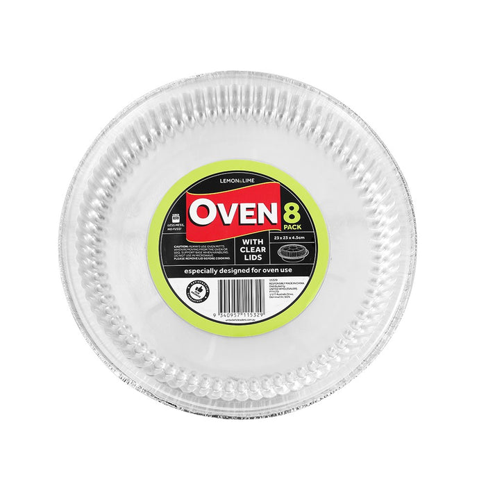 Lemon & Lime FOIL TRAY ROUND W/ PLASTIC LID 8PK 23X23X4.5CM
