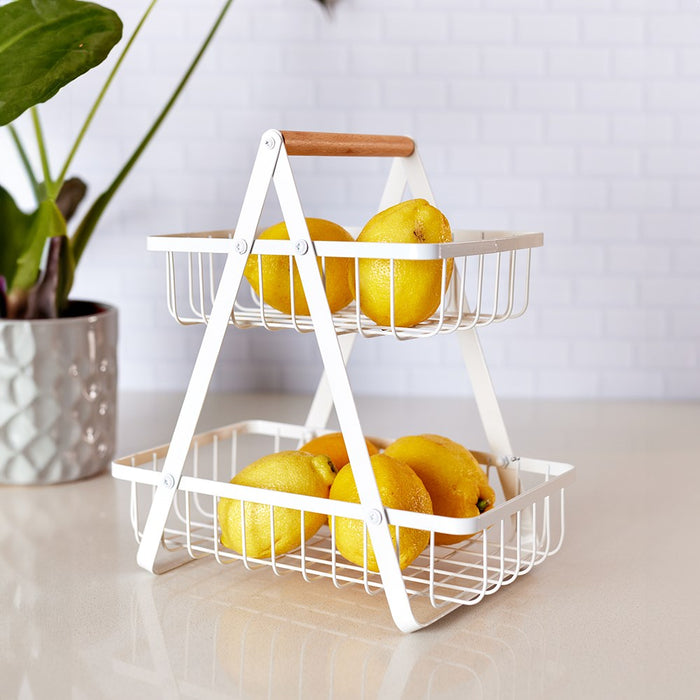 Boxsweden Wire 2 Tier Bench Top Stand Wood Handle 27X18X29Cm White