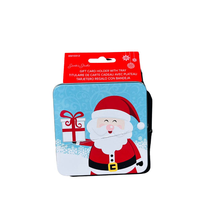 Random 3, Xmas Gift Card Holder Tin Sqr W/ Clear Pvc Tray For Gift Card