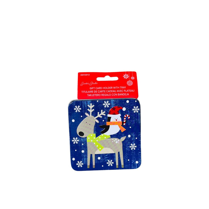 Random 3, Xmas Gift Card Holder Tin Sqr W/ Clear Pvc Tray For Gift Card