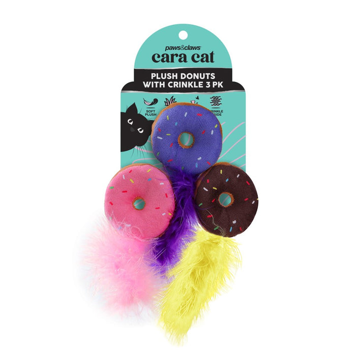 Paws & Claws CARA CAT PLUSH DONUTS 3PK TOY W/ CRINKLE 6X12CM