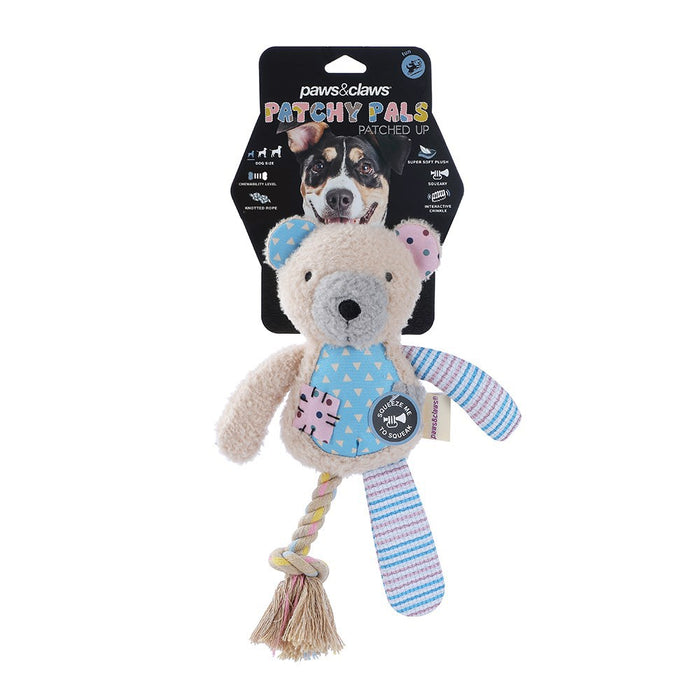 Paws & Claws PATCHY PALS PLUSH BEAR PET TOY W/ ROPE 36X15X7CM
