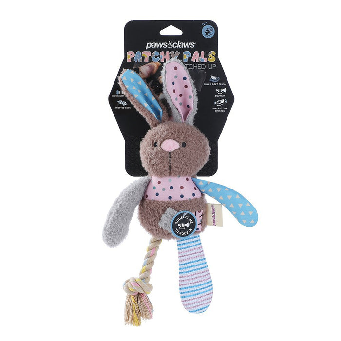 Paws & Claws PATCHY PALS PLUSH RABBIT PET TOY W/ ROPE 32X17X6CM