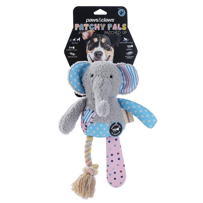 Paws & Claws PATCHY PALS PLUSH ELEPHANT PET TOY W/ ROPE 36X20X8CM