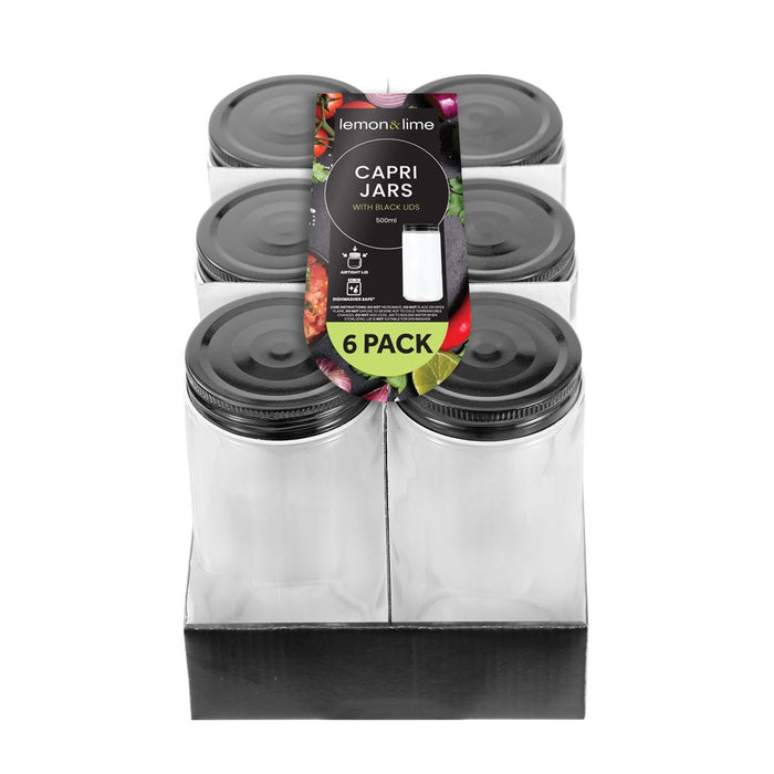 Lemon & Lime CAPRI GLASS PRESERVE JAR 500ML 6PK BLACK LID