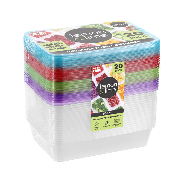 Lemon & Lime REUSABLE FOOD CONTAINER COLOURED LIDS 500ML 20PK