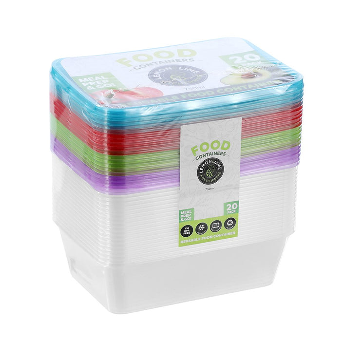 Lemon & Lime REUSABLE FOOD CONTAINER COLOURED LIDS 750ML 20PK