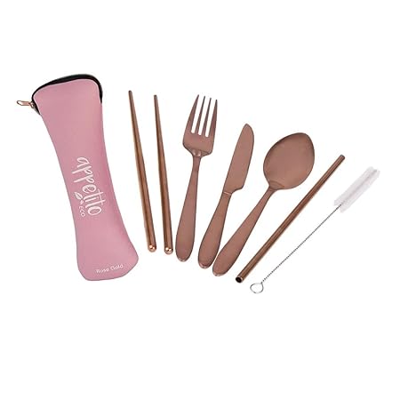 6 PCE S/S TRAVELLER'S CUTLERY SET ROSE GOLD