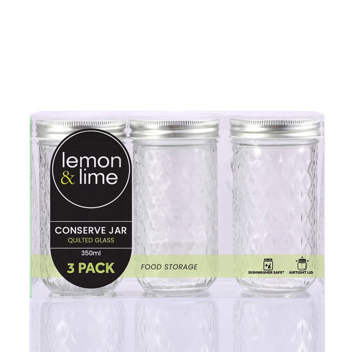 Lemon & Lime QUILTED GLASS CONSERVE JAR 3PK 350ML 7X7X13CM