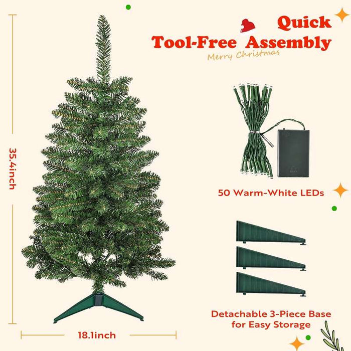 JPM Mini 3FT Artificial Christmas Tree for Tabletop, 50 LED Lights, 164 Branch Tips, Foldable Metal Base & Easy Assembly, Holiday Decor for Home, Office, Apartment