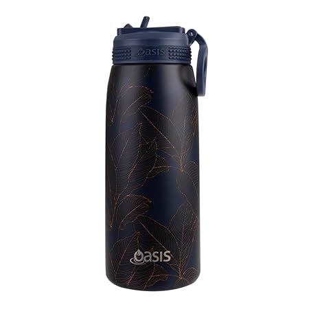 S/S D/WALL INS. SPORTS BOTTLE W/SIPPER STRAW 780ML NAVY LEAVES