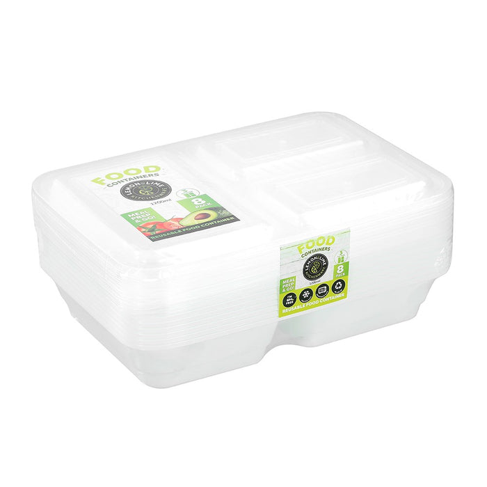 Lemon & Lime REUSABLE FOOD PREP CONTAINER 3 SECTION 8PK 1200ML