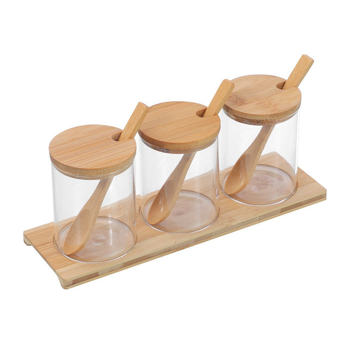 Lemon & Lime CAMDEN GLASS SPICE JAR 3PC SET BAMBOO TRAY + SPOONS 200ML