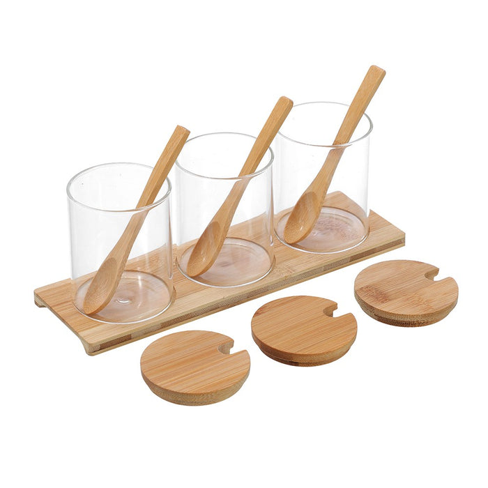 Lemon & Lime CAMDEN GLASS SPICE JAR 3PC SET BAMBOO TRAY + SPOONS 200ML