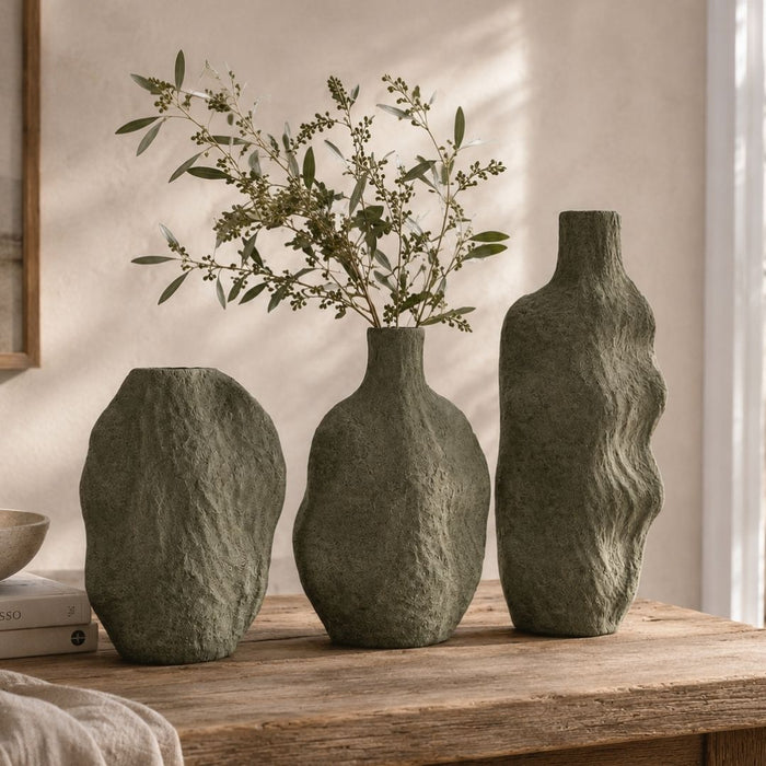 2 set Cala Vases Moss Stone - (S) 22.5cm tall x 26.5cm wide x 8.5cm thick