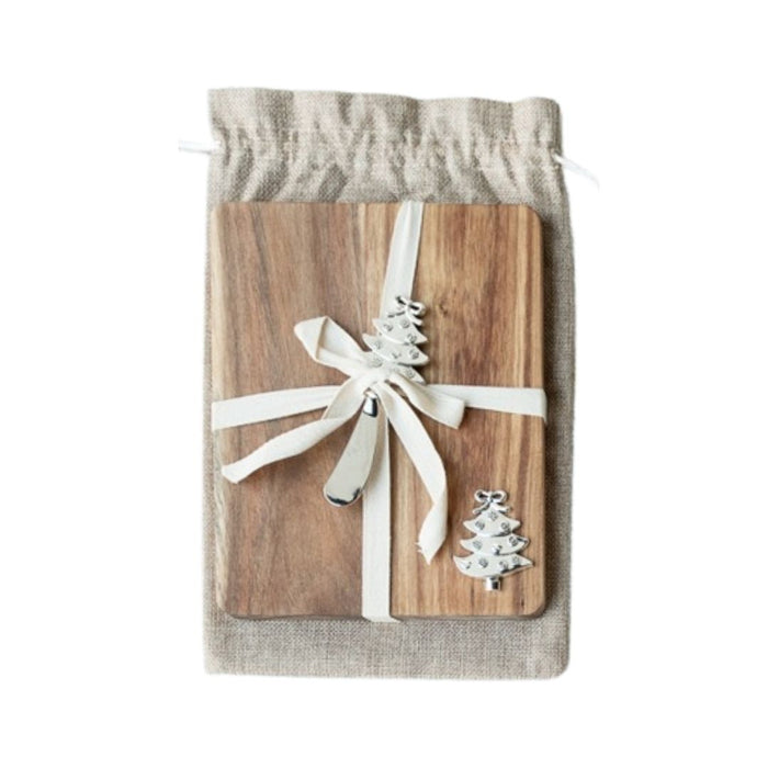 2 set Acacia Xmas Tree Cheeseboard w Spreader & Gift Bag