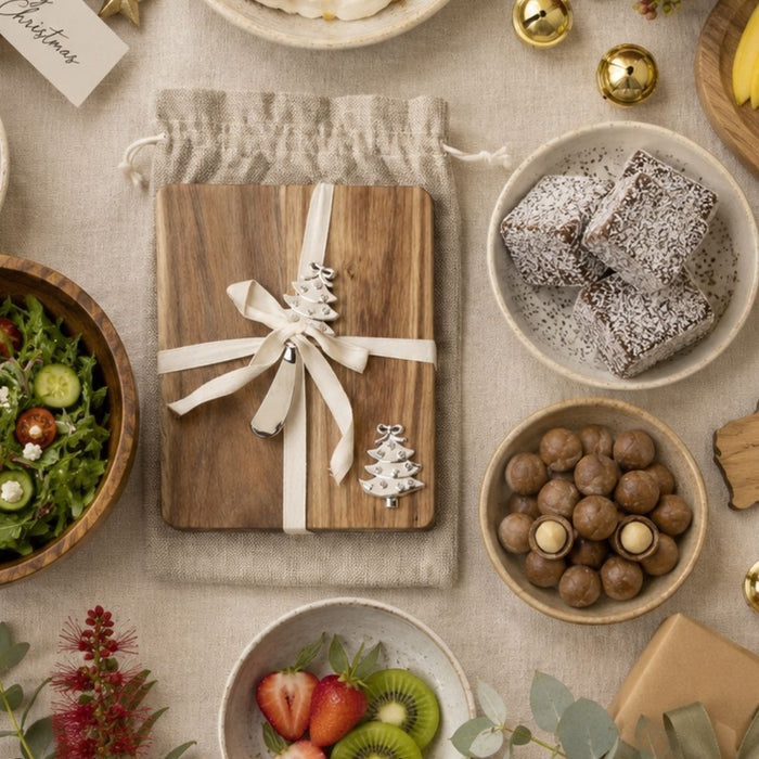 2 set Acacia Xmas Tree Cheeseboard w Spreader & Gift Bag