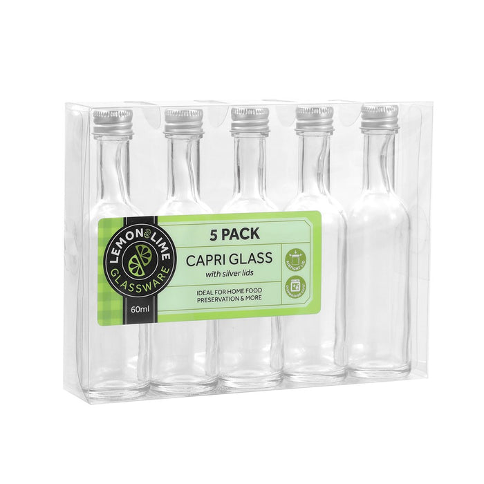 Lemon & Lime CAPRI GLASS MINI BOTTLE 60ML LONG NECK 5PK SILVER LID