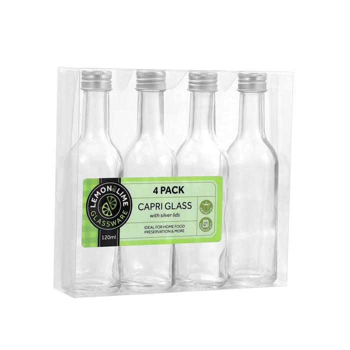 Lemon & Lime CAPRI GLASS MINI BOTTLE 120ML LONG NECK 4PK SILVER LID