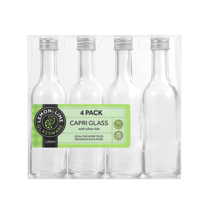 Lemon & Lime CAPRI GLASS MINI BOTTLE 120ML LONG NECK 4PK SILVER LID