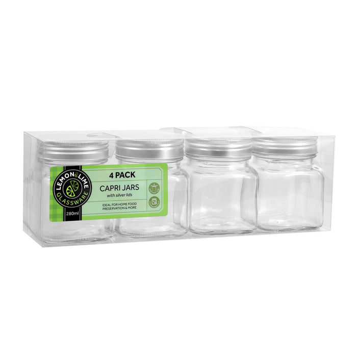 Lemon & Lime CAPRI GLASS SQUARE JAR 280ML 4PK SILVER LID