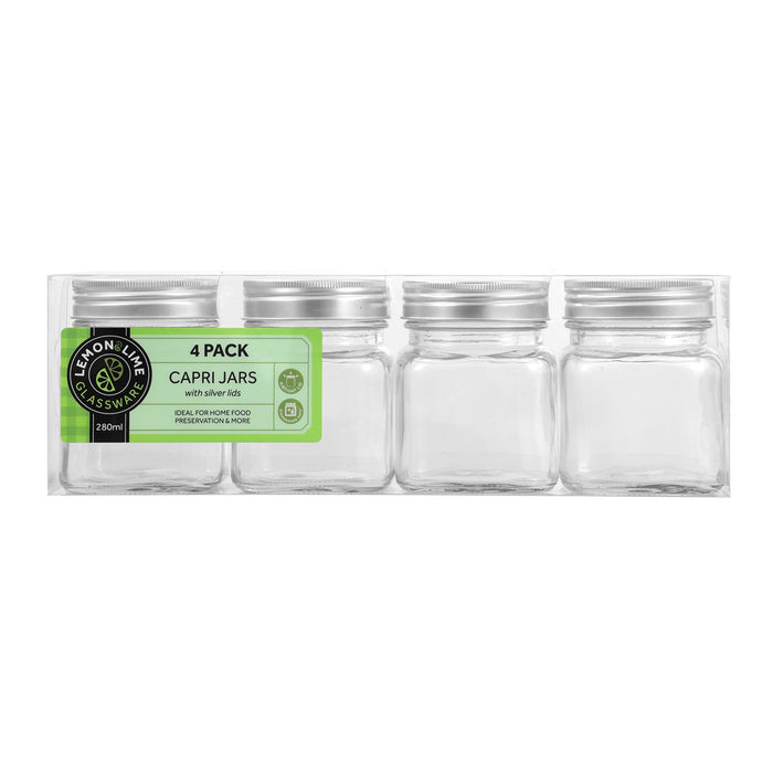 Lemon & Lime CAPRI GLASS SQUARE JAR 280ML 4PK SILVER LID