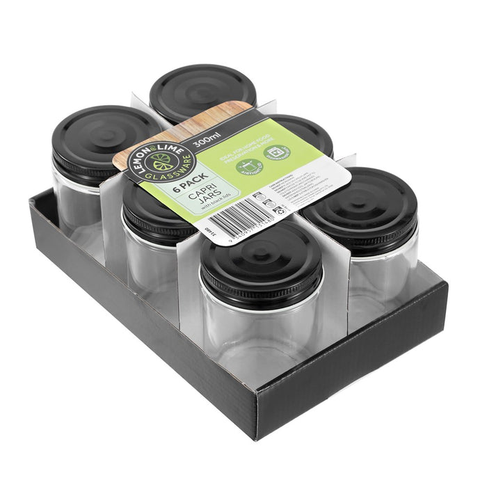 Lemon & Lime CAPRI GLASS PRESERVE JAR 300ML 6PK BLACK LID