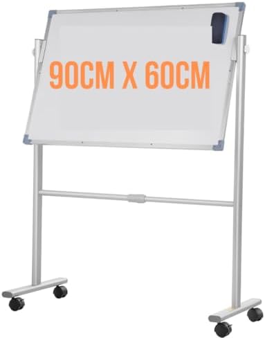 Large Double-Sided Magnetic Whiteboard with Stand - 360° Rotating, Dry Erase White Board Easy Write, Height Adjustable, Mobile on Wheels for Classroom, Office White Board (90cm * 60cm)