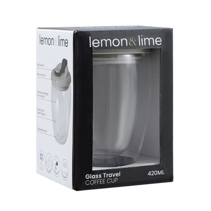 Lemon & Lime DOUBLE WALL GLASS TRAVEL COFFEE CUP 420ML