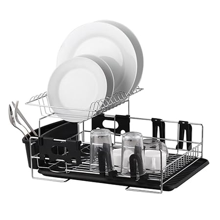 S/S 2-TIER DISH RACK W/DRAINING BOARD 42.5 X 34 X 26.5CM