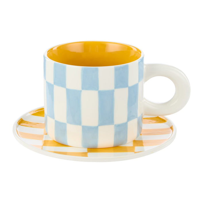 Emporium Check Mug & Plate Blue & Orange