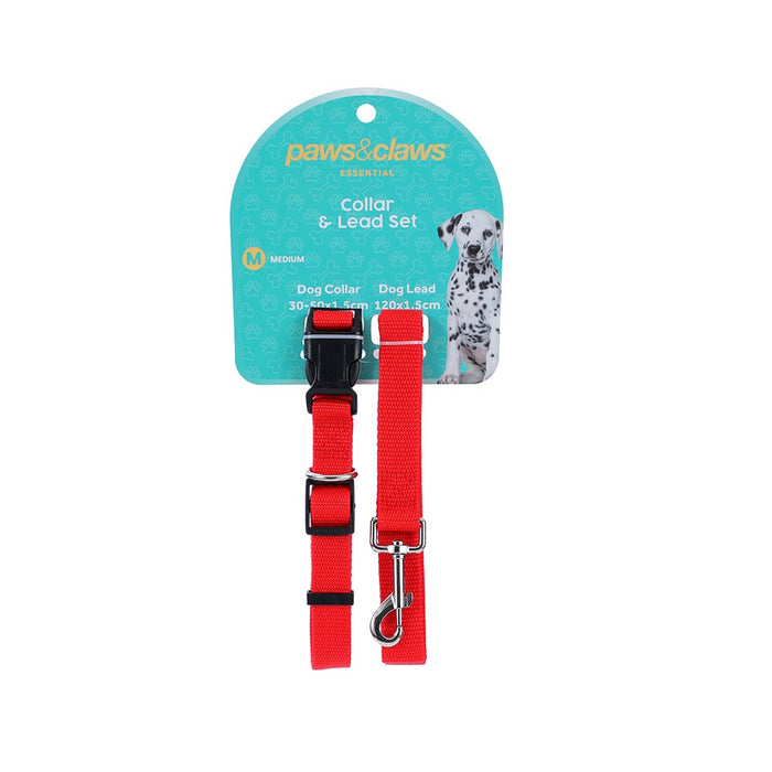 Paws & Claws ESSENTIALS COLLAR & LEAD SET COLS MED 30 - 50CM LEAD 120X1.5CM BLK/GREY/RED