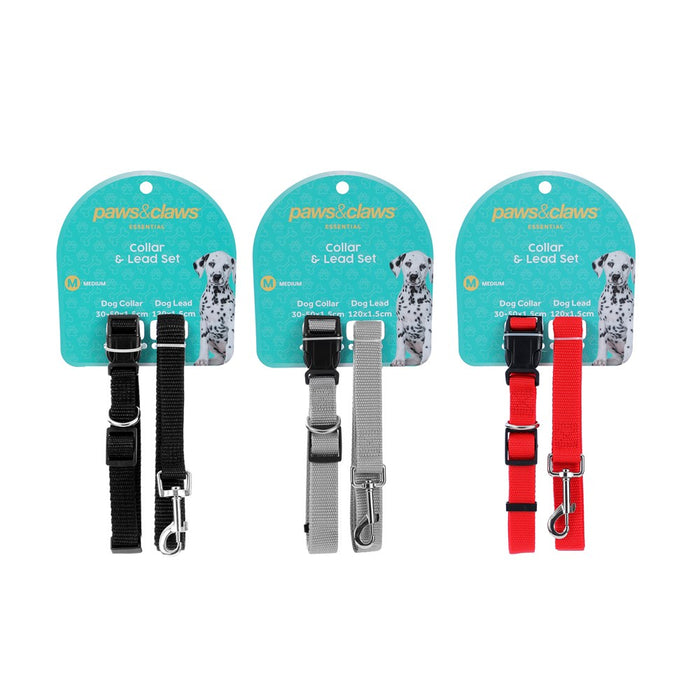Paws & Claws ESSENTIALS COLLAR & LEAD SET COLS MED 30 - 50CM LEAD 120X1.5CM BLK/GREY/RED